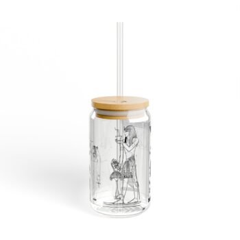 16oz Glass Sipper Bottle with Ancient Egyptian Line Art — Reusable Straw Tumbler